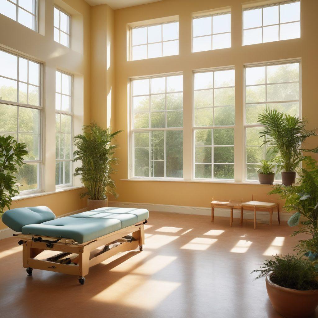 A serene rehabilitation room featuring a diverse group of patients engaged in Bobath therapy practices, with a focus on gentle movement exercises. Include supportive therapists guiding the sessions, vibrant plants in the background, and soft sunlight filtering through large windows. Emphasize a sense of hope and recovery, with a calming color palette. super-realistic. vibrant colors. warm lighting.