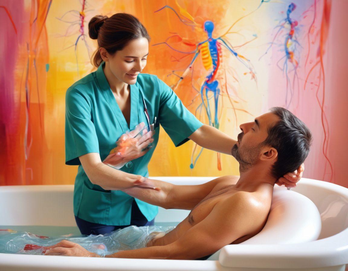 A dynamic scene illustrating a therapist guiding a stroke patient through the Bobath Method, showcasing exercises that enhance motor function. The therapist is gently supporting the patient, surrounded by bright, encouraging colors that symbolize hope and recovery. In the background, visual elements like neural pathways and abstract representations of movement highlight the process of rehabilitation. soft focus. vibrant colors. digital painting.